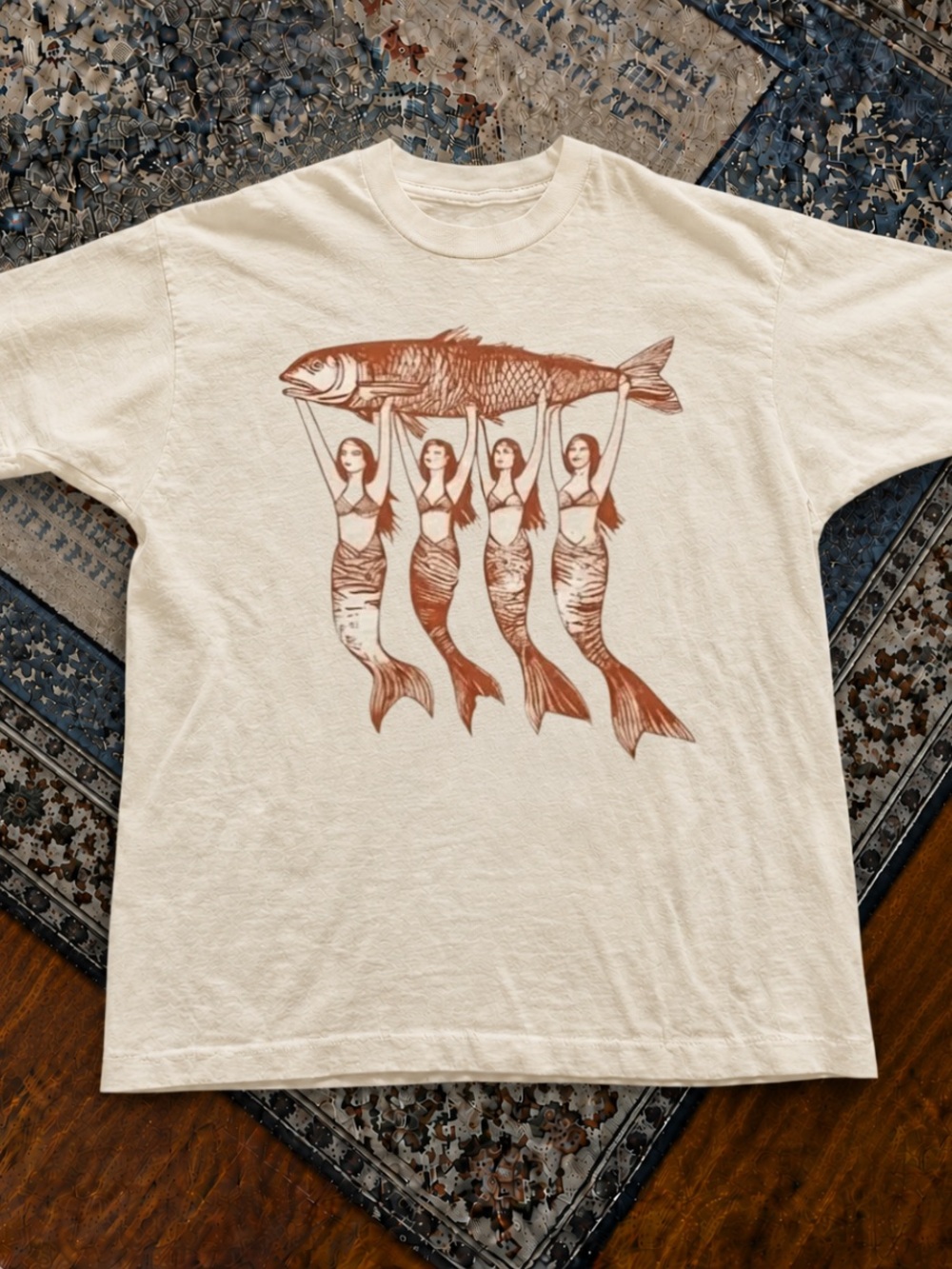 Gildan Off White Short Sleeve Tee with Rust Mermaid & Fish Graphic